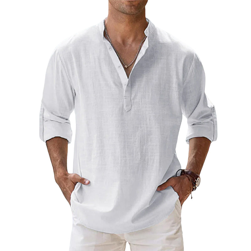 Men's Linen Shirt White Size L Long Sleeve Cotton Blend 0