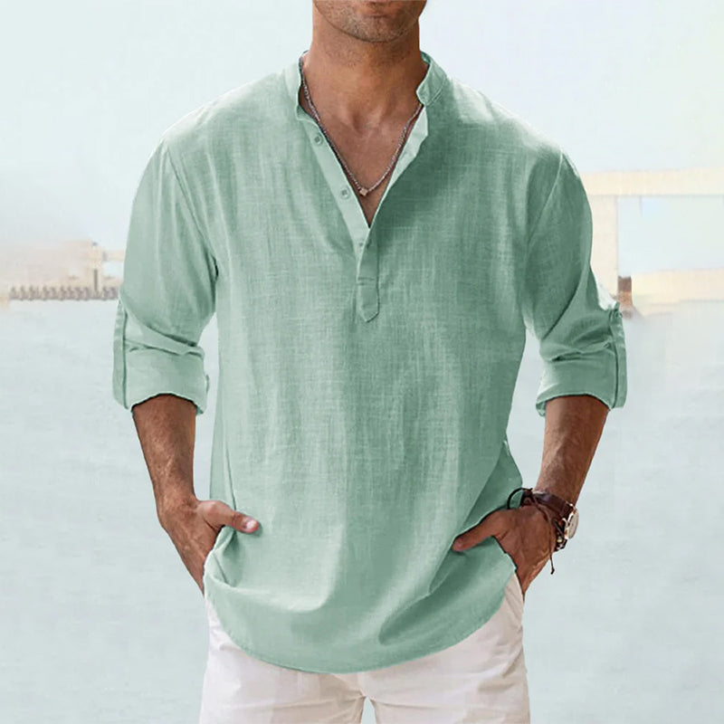 Men's Linen Shirt White Size L Long Sleeve Cotton Blend 11