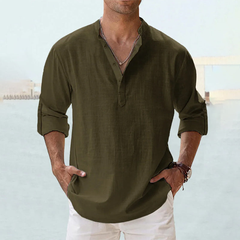 Men's Linen Shirt White Size L Long Sleeve Cotton Blend 12