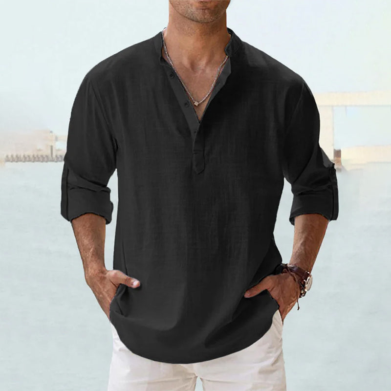 Men's Linen Shirt White Size L Long Sleeve Cotton Blend 6
