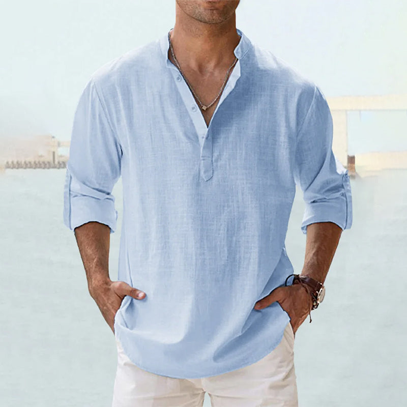 Men's Linen Shirt White Size L Long Sleeve Cotton Blend 8