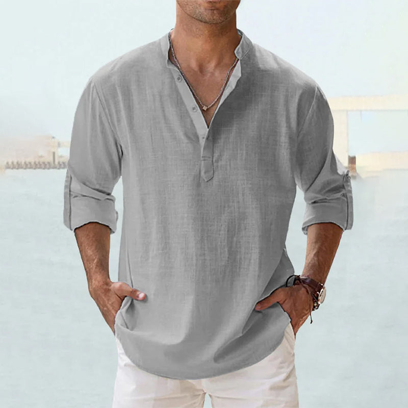 Men's Linen Shirt White Size L Long Sleeve Cotton Blend 9