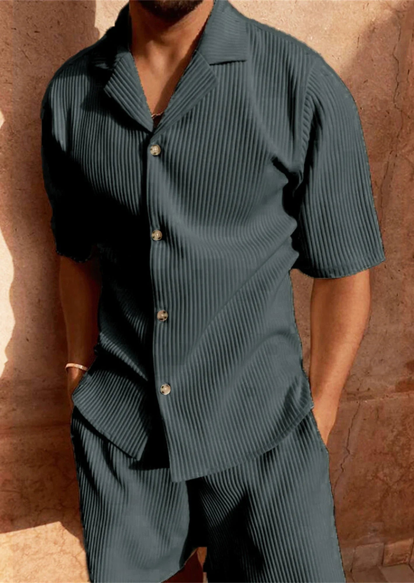 Men's Short Sleeve Shirt and Shorts Set Blue Size L Cotton 0