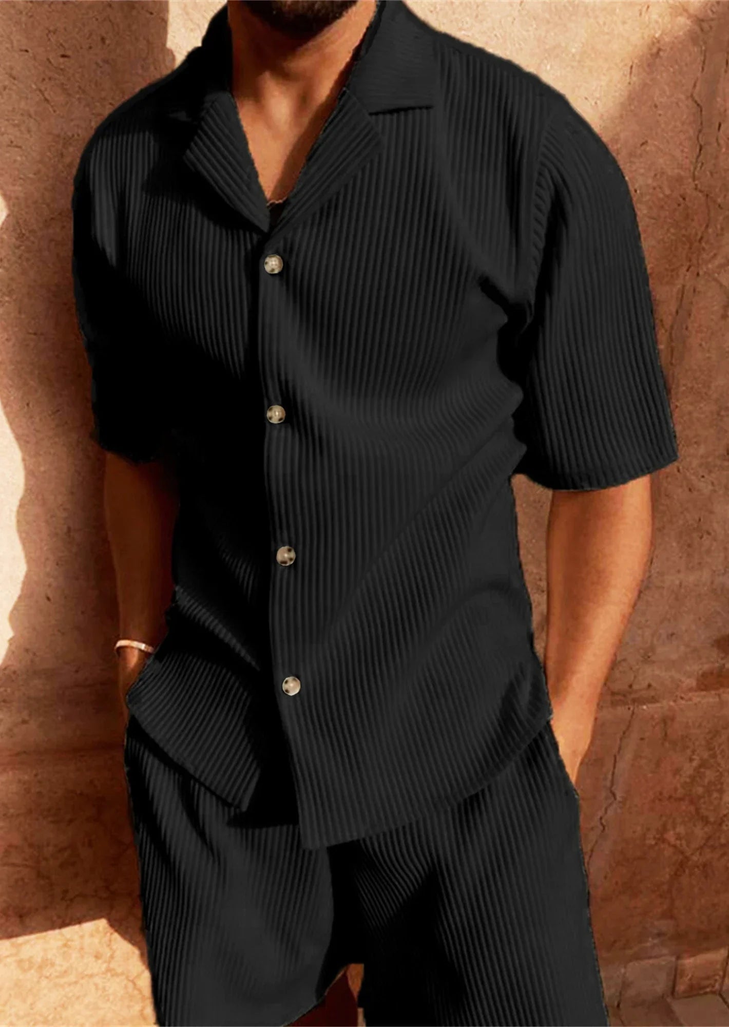 Men's Short Sleeve Shirt and Shorts Set Blue Size L Cotton 4