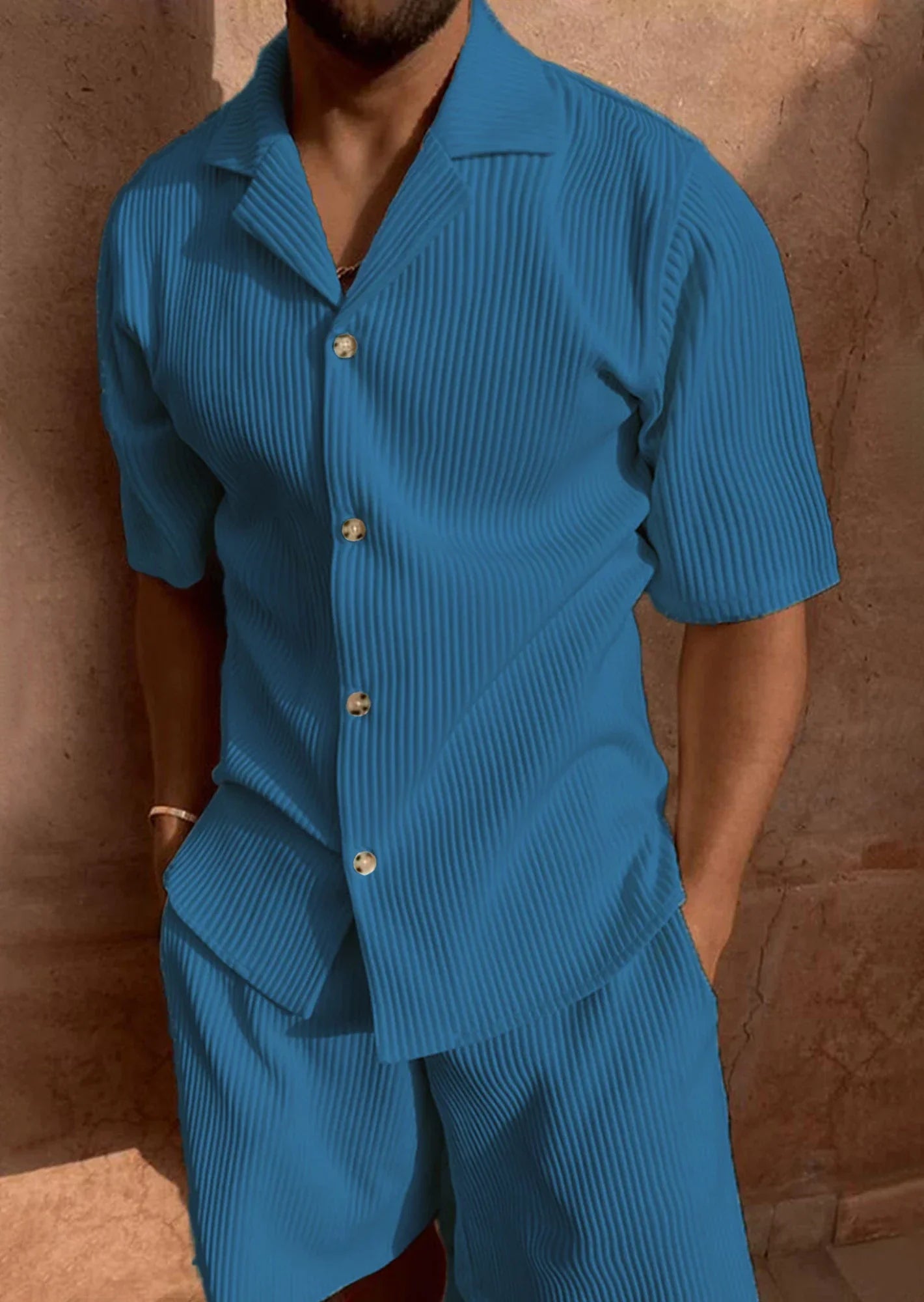 Men's Short Sleeve Shirt and Shorts Set Blue Size L Cotton 6