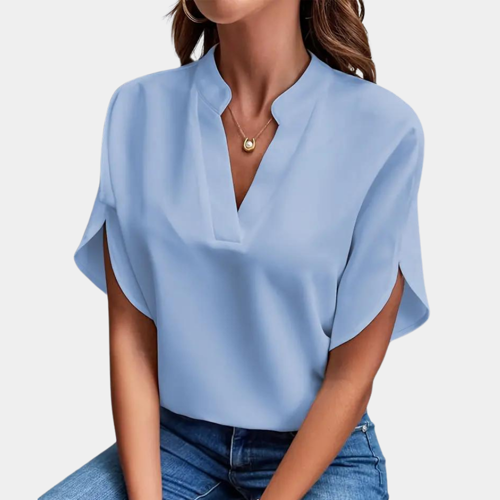 Women's Blouse Light Blue Size M Cotton Short Sleeve 0