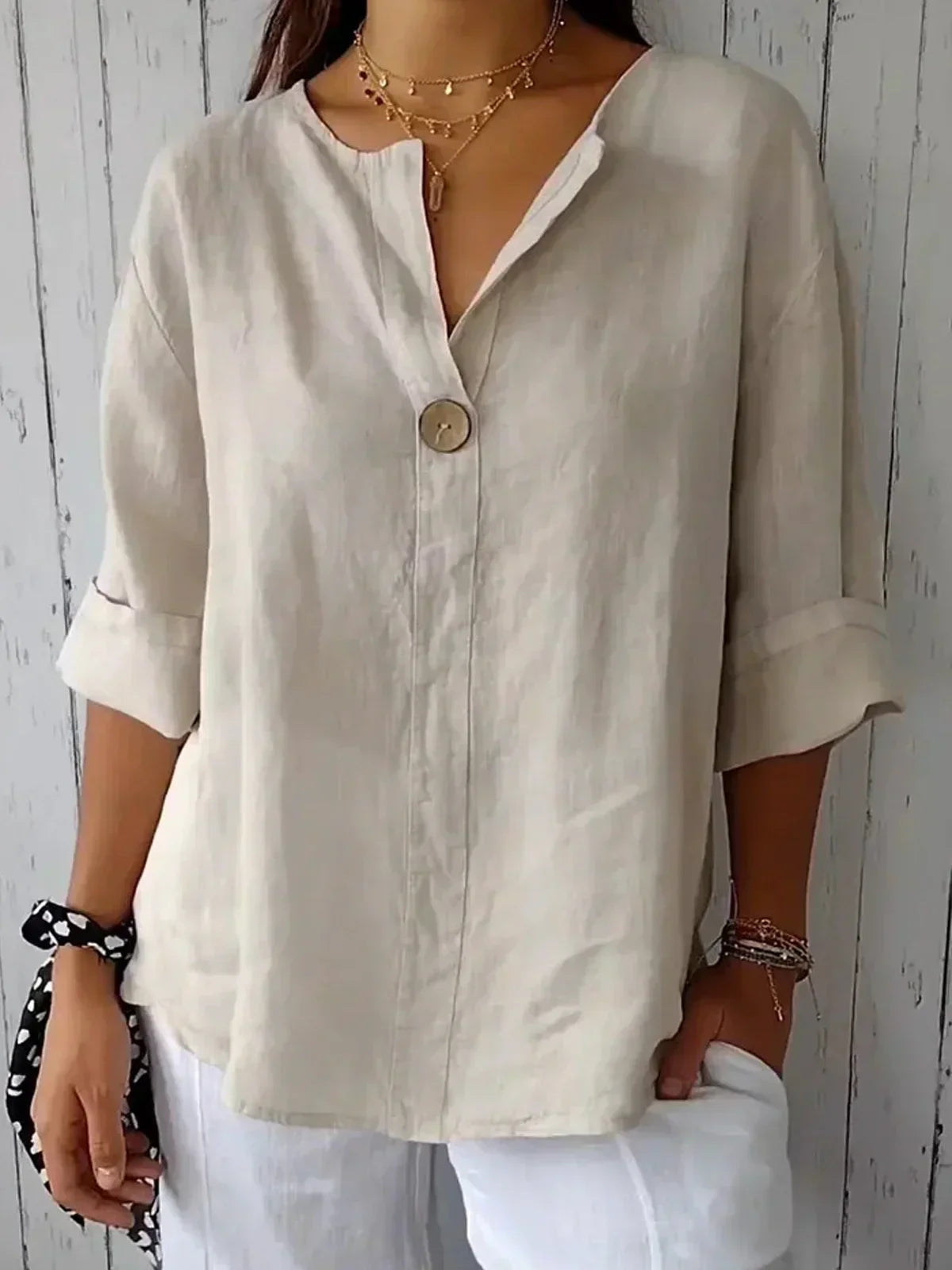Women's Blouse White Size M Cotton Linen V-Neck Casual Summer Top 0