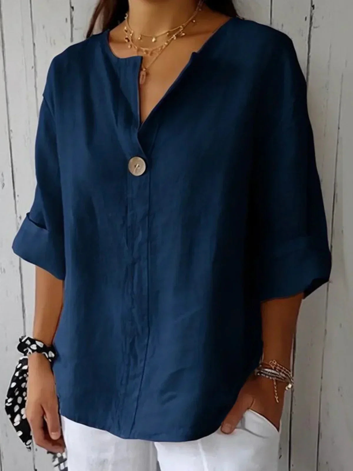 Women's Blouse White Size M Cotton Linen V-Neck Casual Summer Top 1