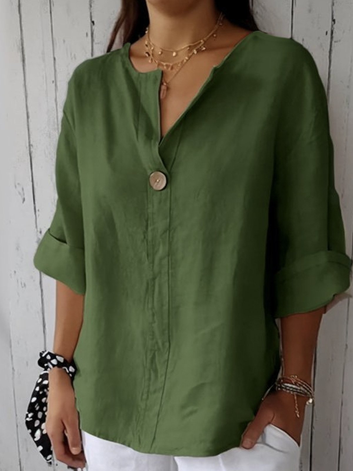 Women's Blouse White Size M Cotton Linen V-Neck Casual Summer Top 6