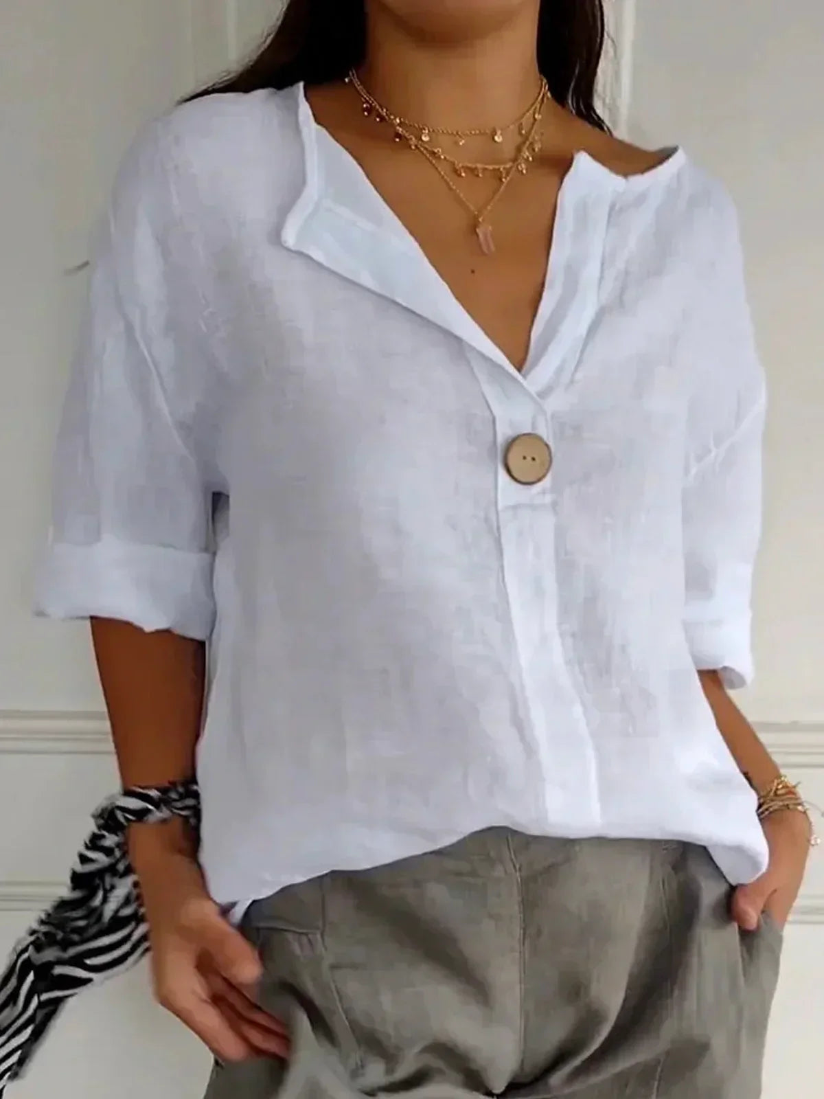 Women's Blouse White Size M Cotton Linen V-Neck Casual Summer Top 8