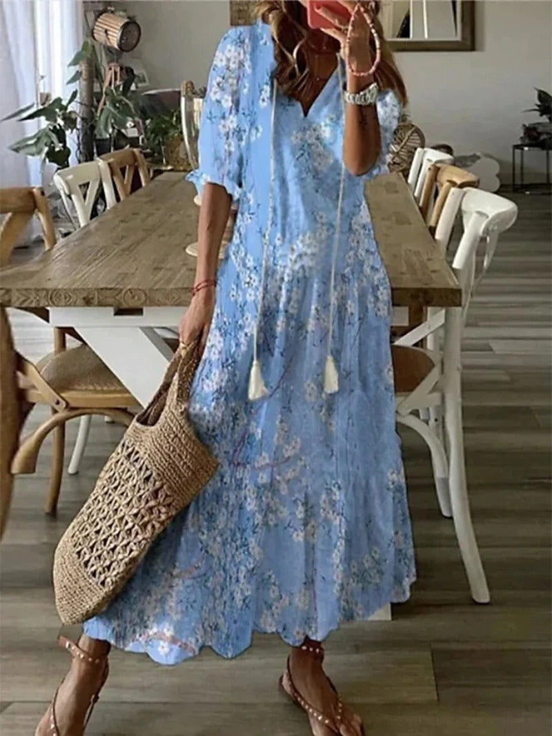 Women's Maxi Dress Blue Size M Cotton Bohemian Summer Dress 3