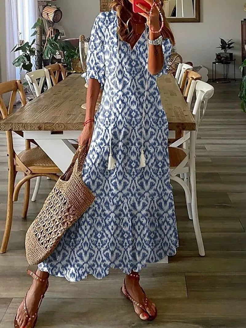 Women's Maxi Dress Blue Size M Cotton Bohemian Summer Dress 6